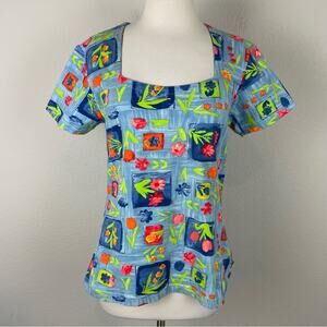Oilily Blue Floral Vintage Knit Square Knit Short Sleeve Top Lg